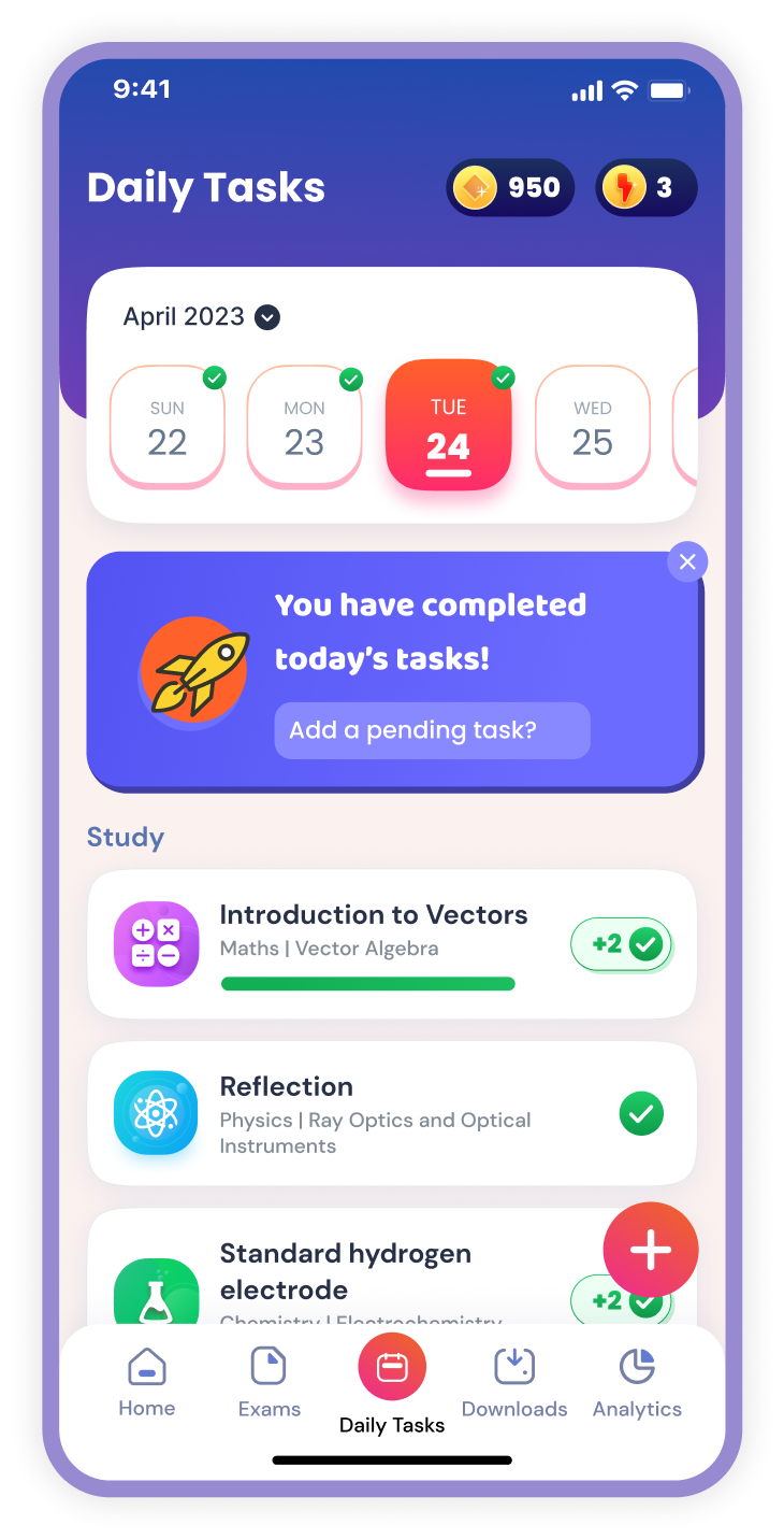 Eduport app Daily Tasks screen showing a calendar, completed-tasks banner and study task cards for Revision, Practice and more