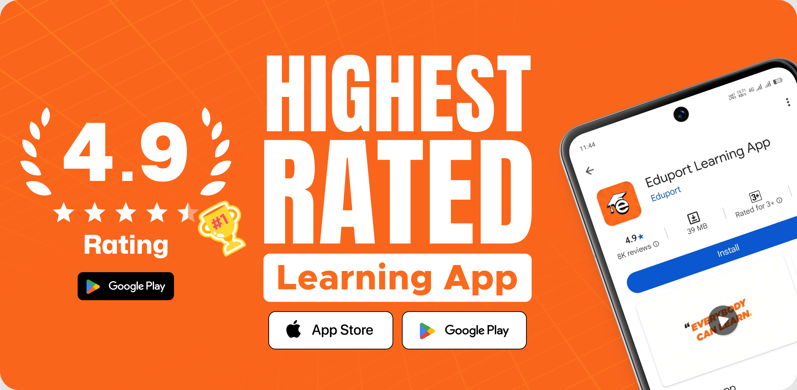 Eduport — highest rated learning app, 4.9 rating on Google Play and the App Store